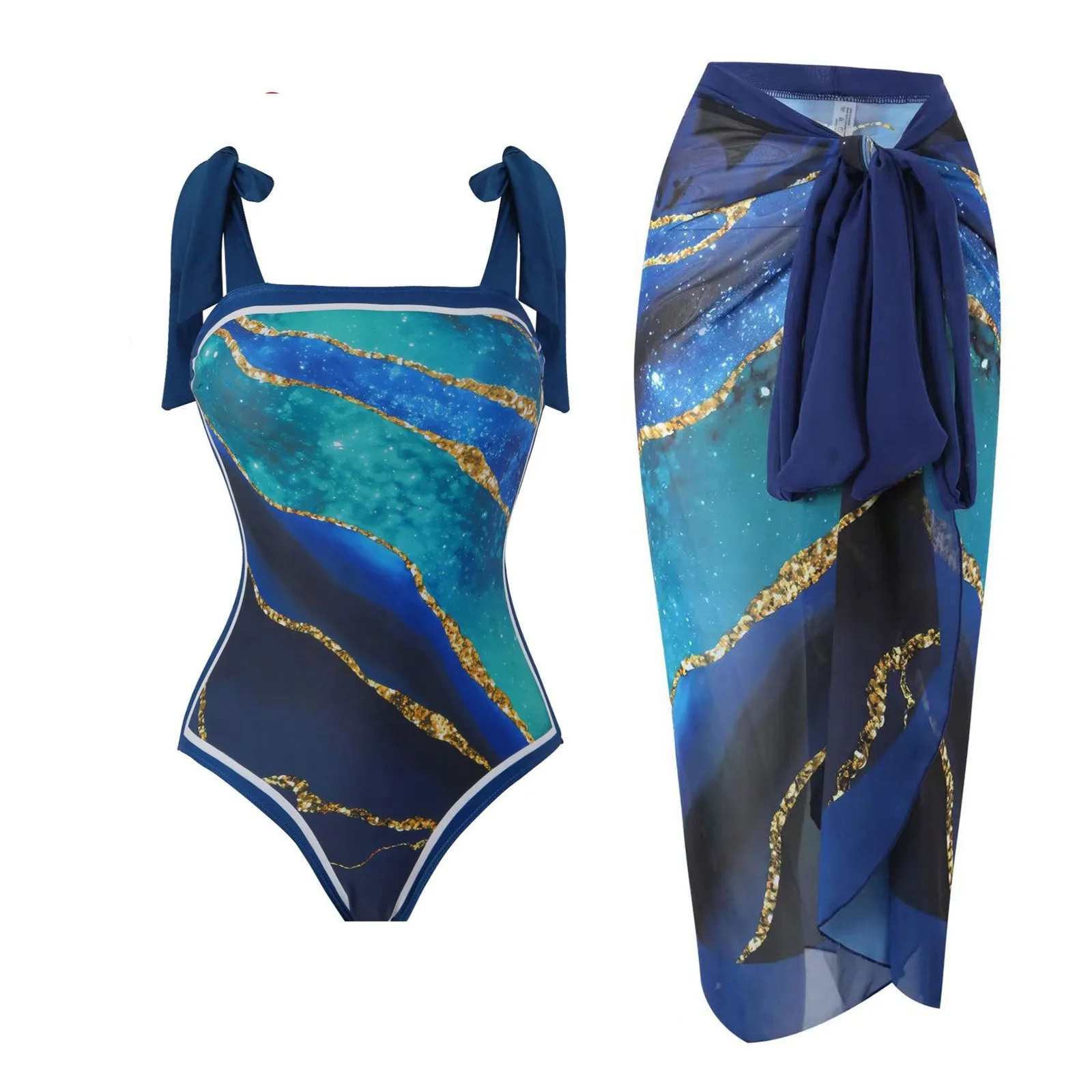 Women's retro one-piece swimsuit with chiffon skirt in floral pattern