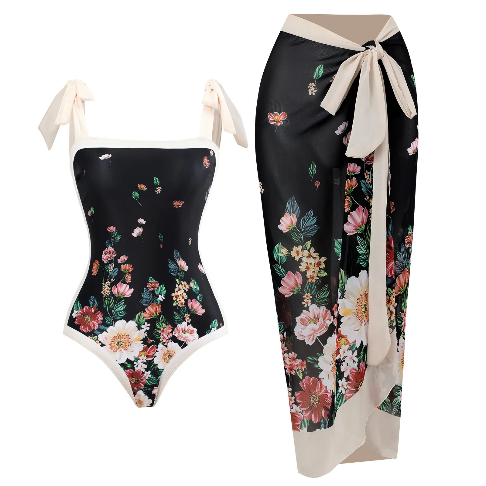 Women's retro one-piece swimsuit with chiffon skirt in floral pattern