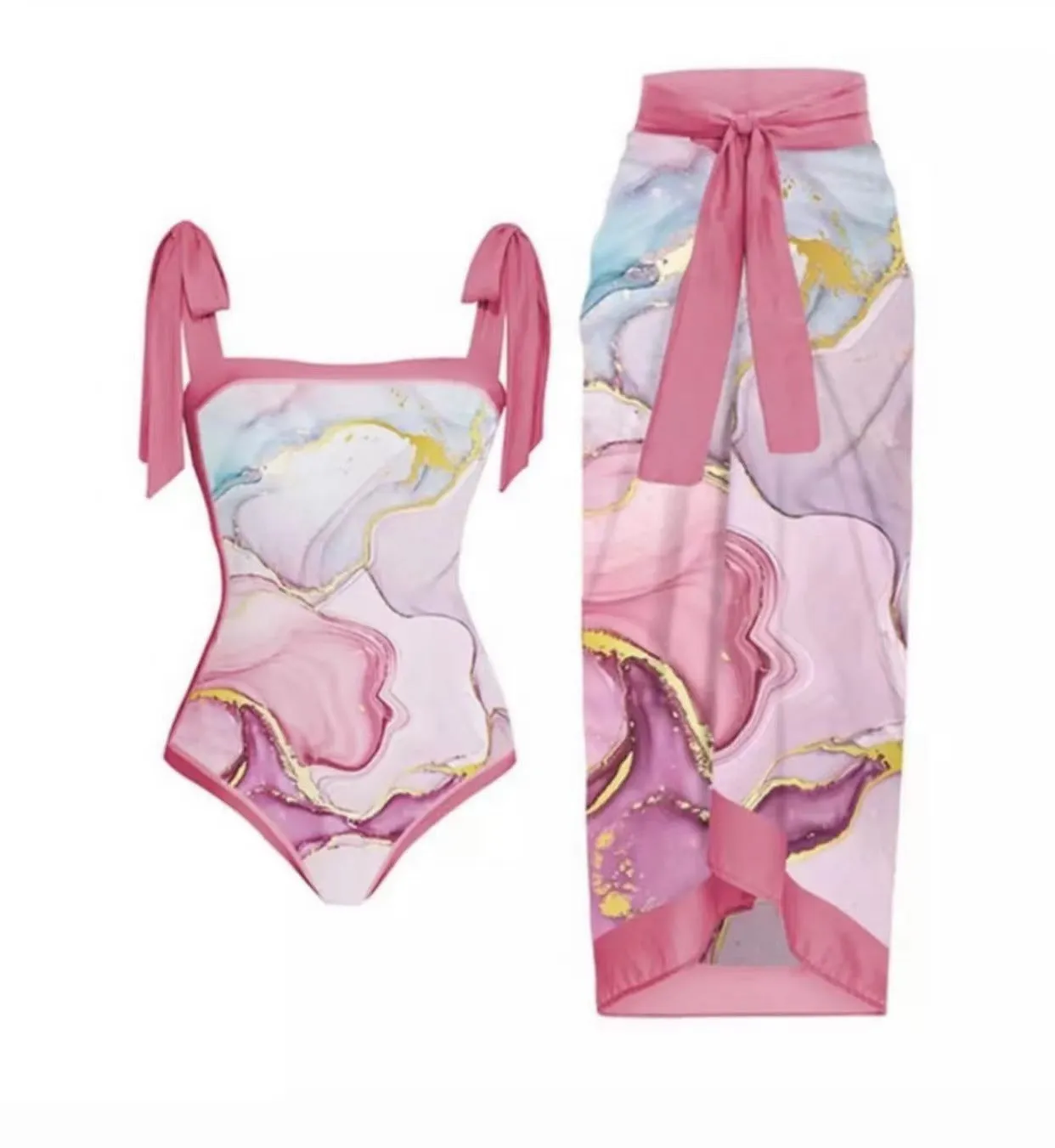 Women's retro one-piece swimsuit with chiffon skirt in floral pattern