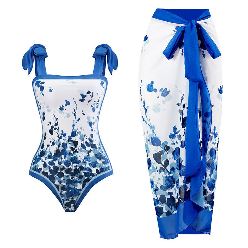 Women's retro one-piece swimsuit with chiffon skirt in floral pattern