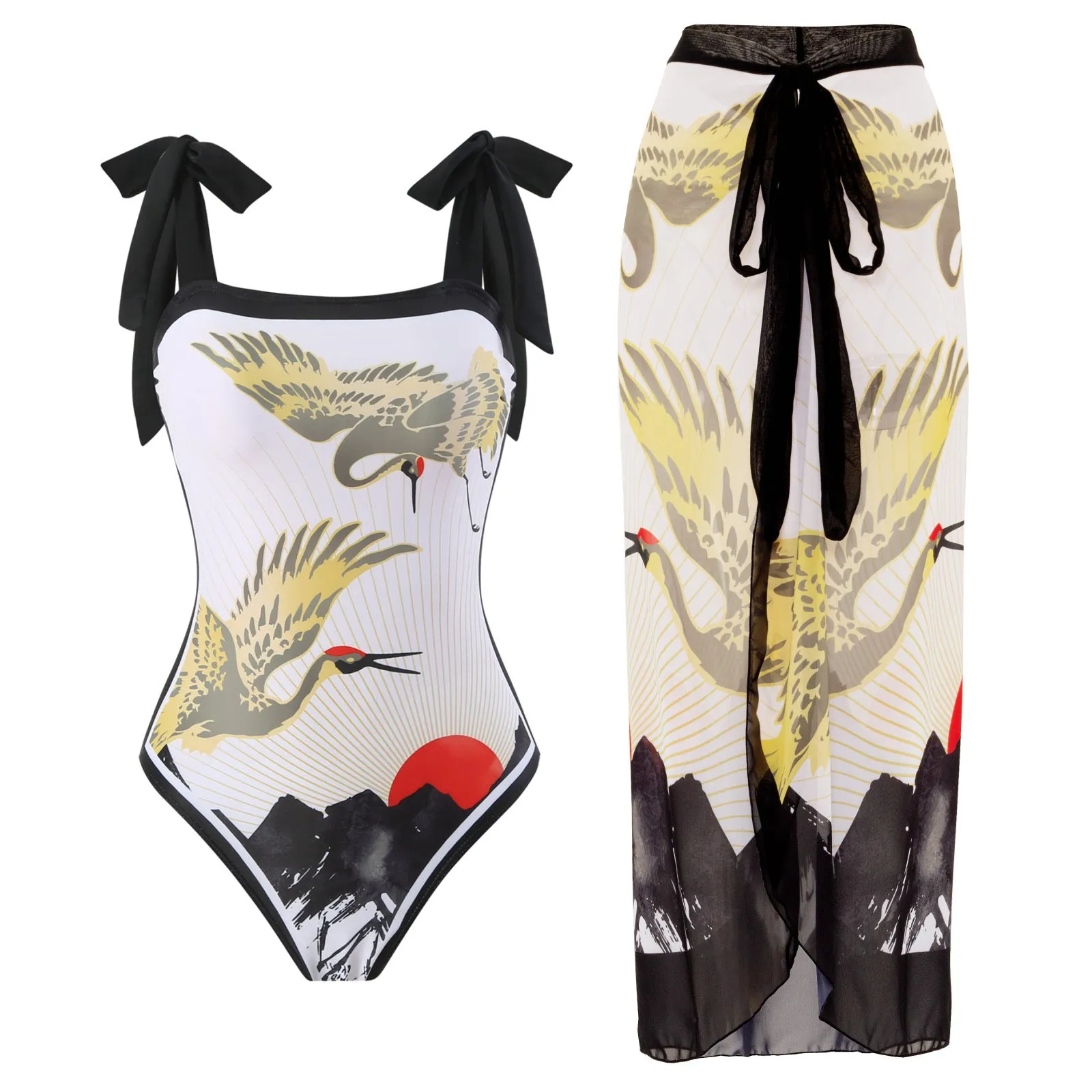 Women's retro one-piece swimsuit with chiffon skirt in floral pattern