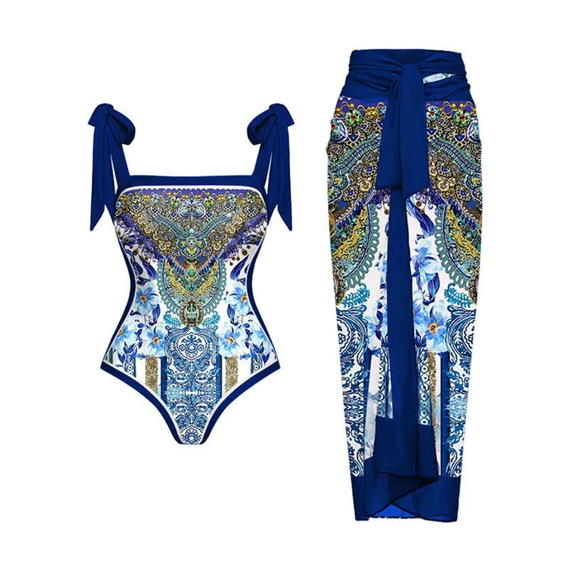 Women's retro one-piece swimsuit with chiffon skirt in floral pattern