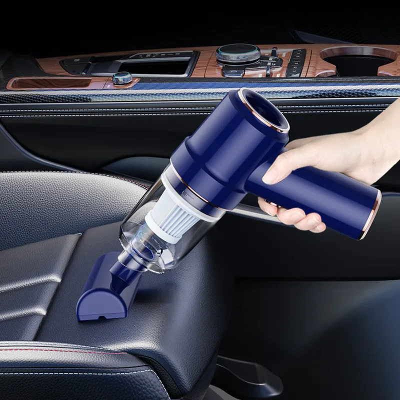 Mini rechargeable wireless vacuum cleaner 8000pa Moran Blue with brush, long straw, and USB cable on light background