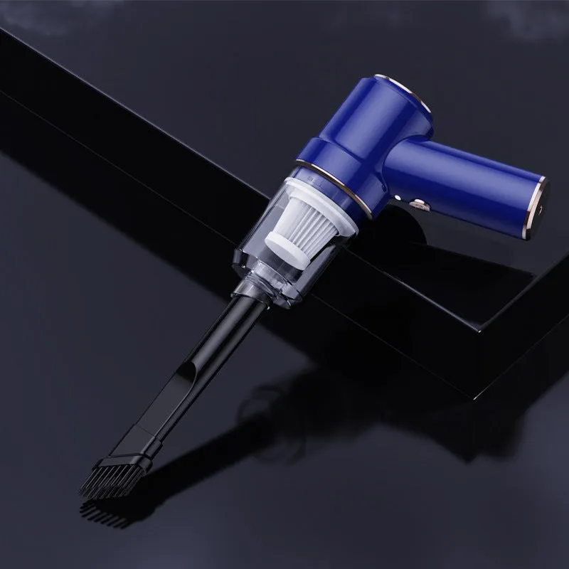 Mini rechargeable wireless vacuum cleaner 8000pa Moran Blue with brush, long straw, and USB cable on light background
