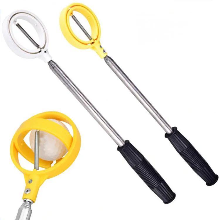 Yellow 8-section telescopic golf ball retriever made of stainless steel with automatic locking catcher
