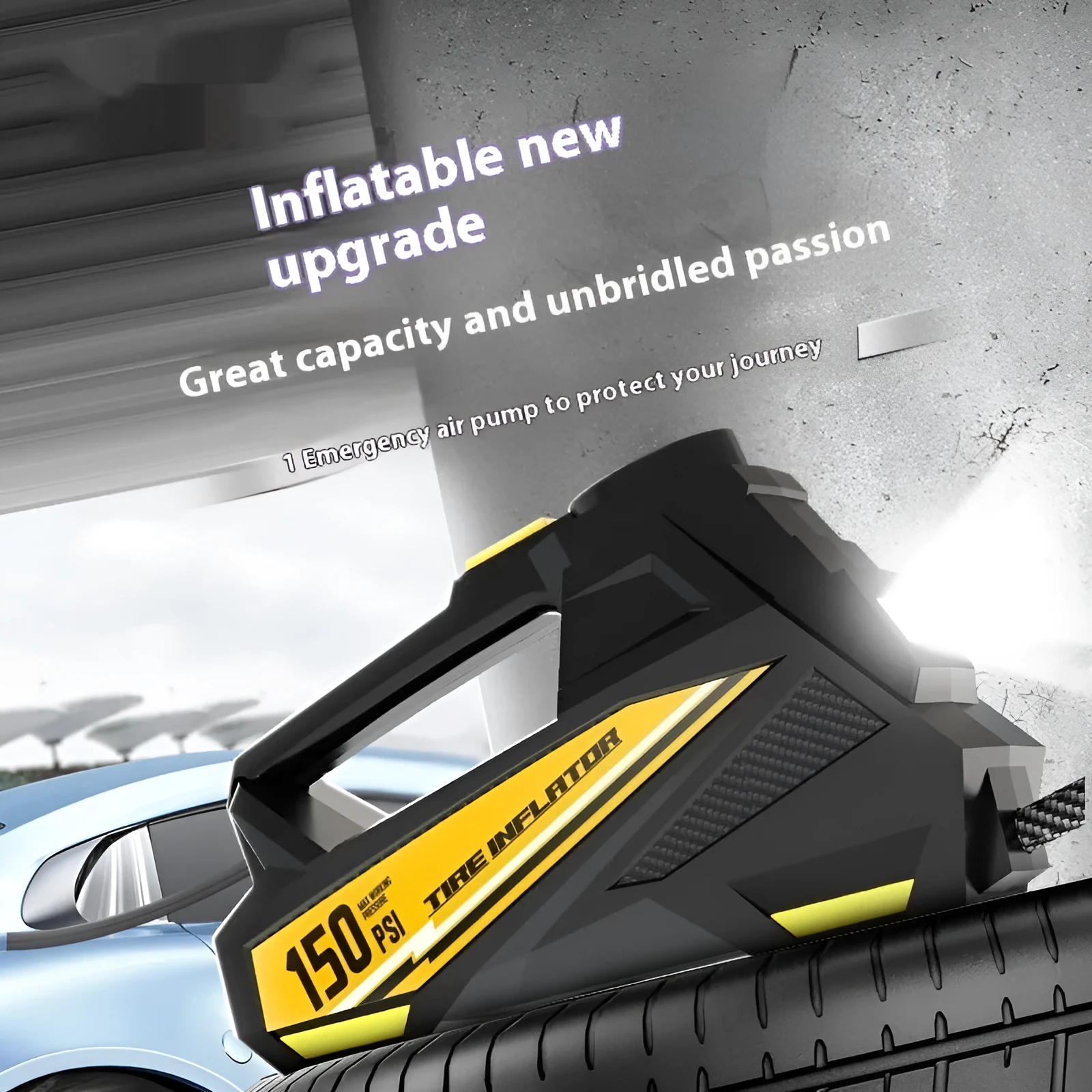 Black vehicle-mounted portable tyre inflator with digital display and LED light on a 12V plug.