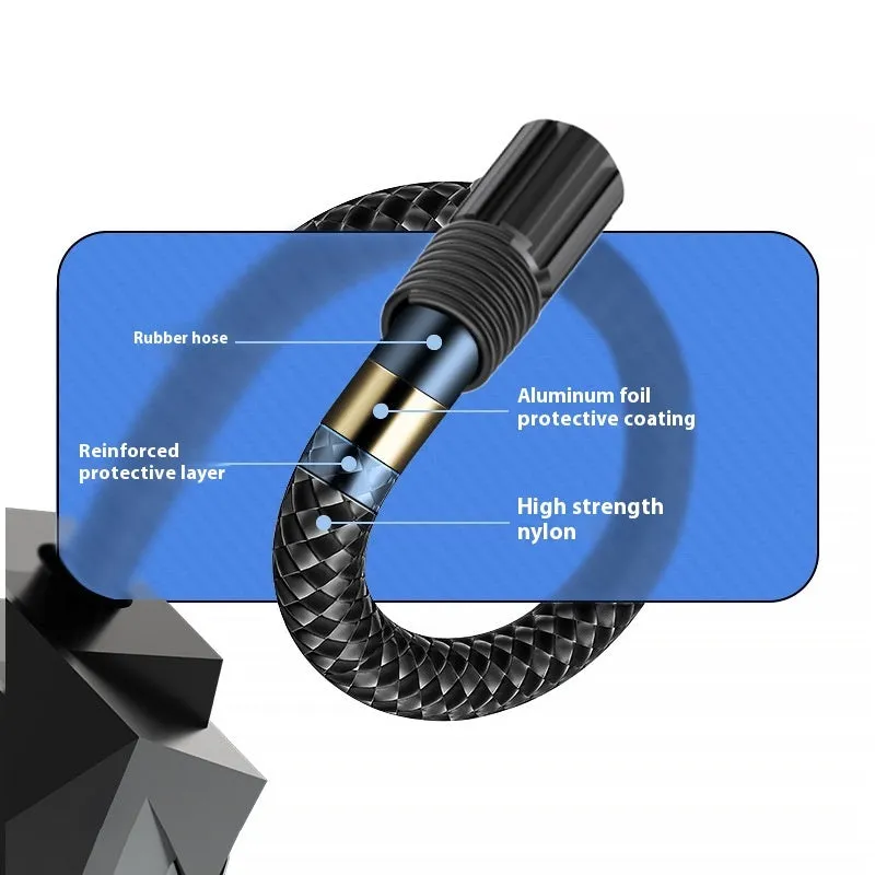 Black vehicle-mounted portable tyre inflator with digital display and LED light on a 12V plug.
