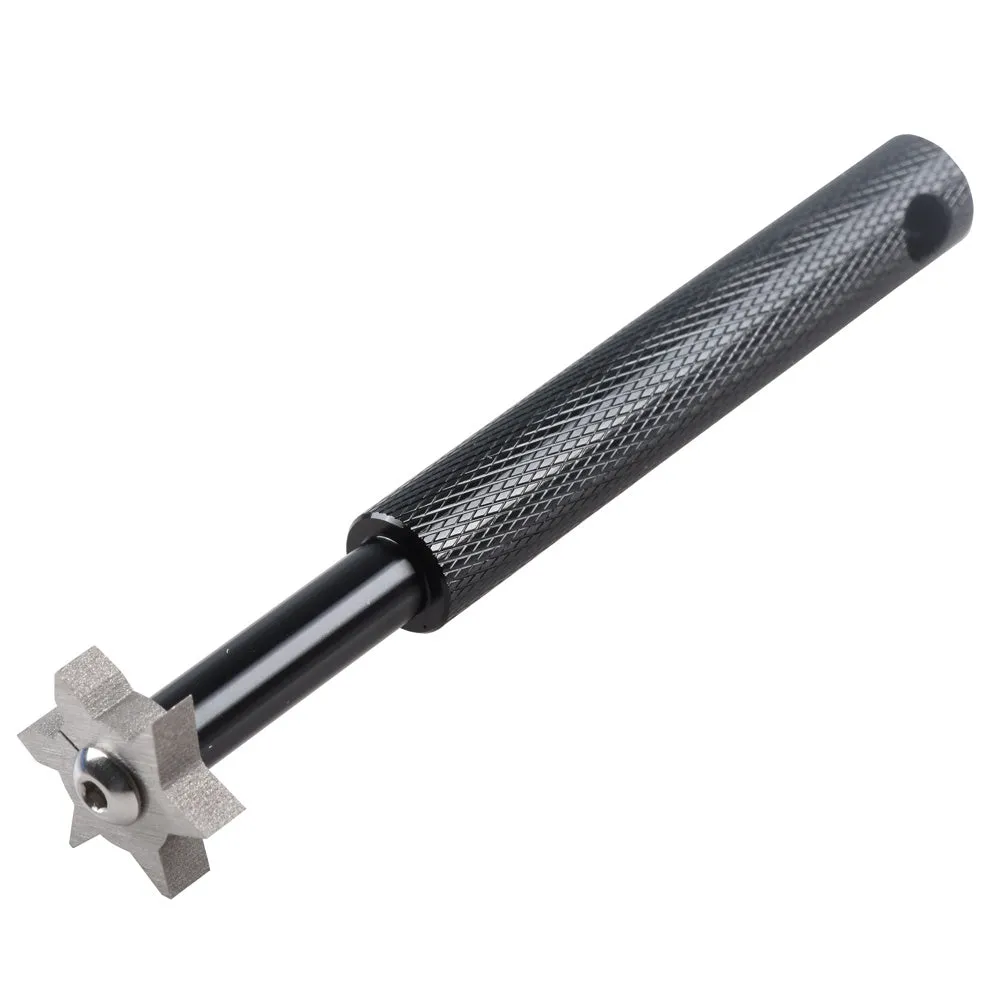 Hexagonal alloy cleaning and repair tool in black with hexagonal grip surface and silver highlights