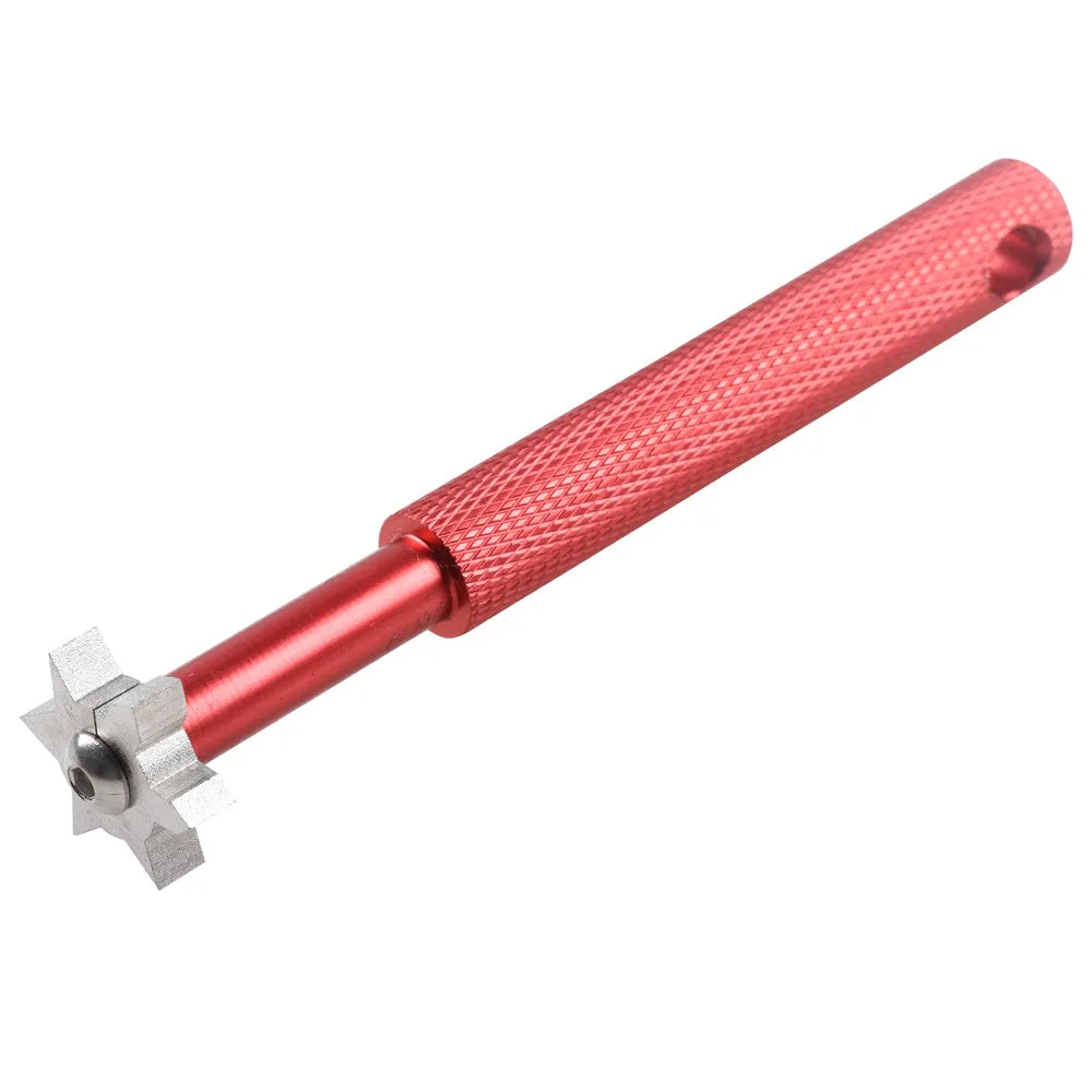 Hexagonal alloy cleaning and repair tool in black with hexagonal grip surface and silver highlights