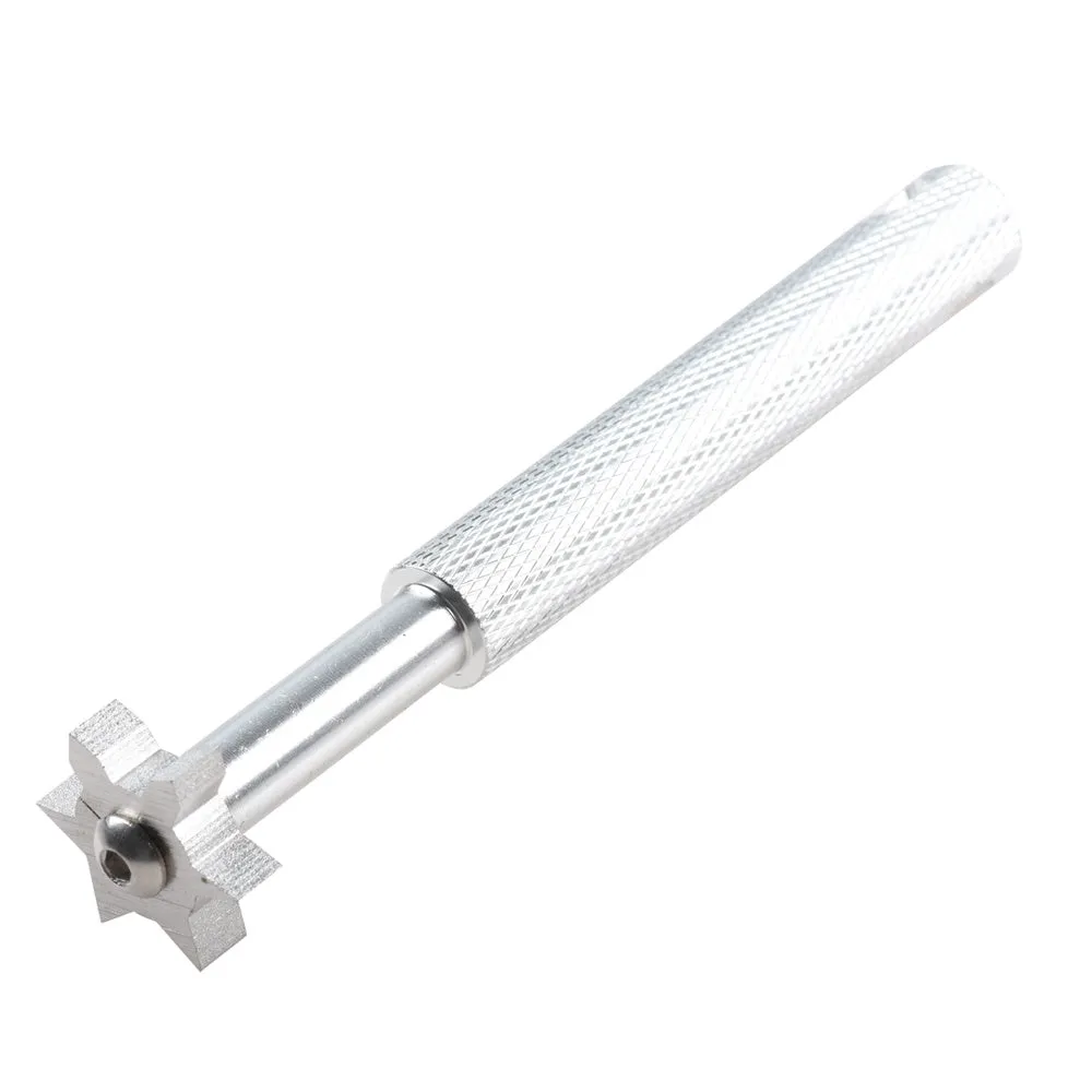 Hexagonal alloy cleaning and repair tool in black with hexagonal grip surface and silver highlights
