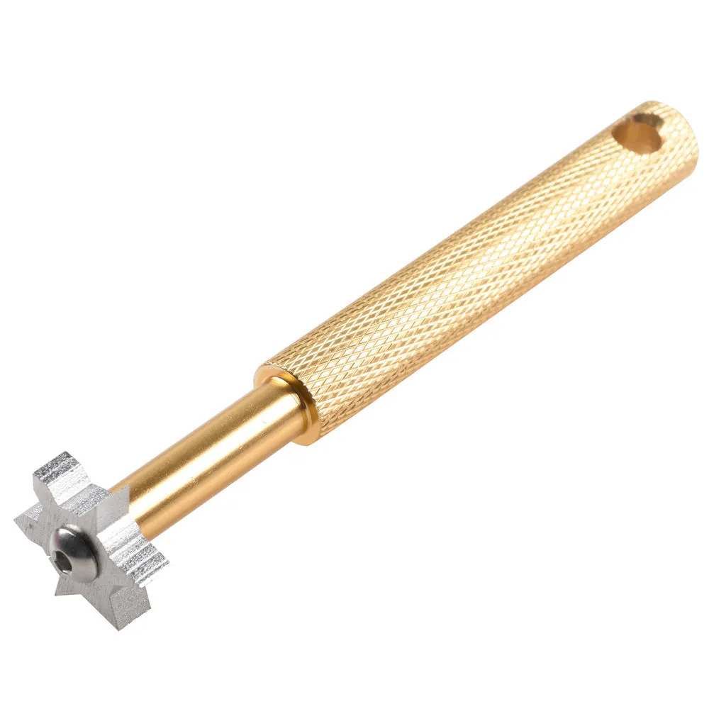 Hexagonal alloy cleaning and repair tool in black with hexagonal grip surface and silver highlights