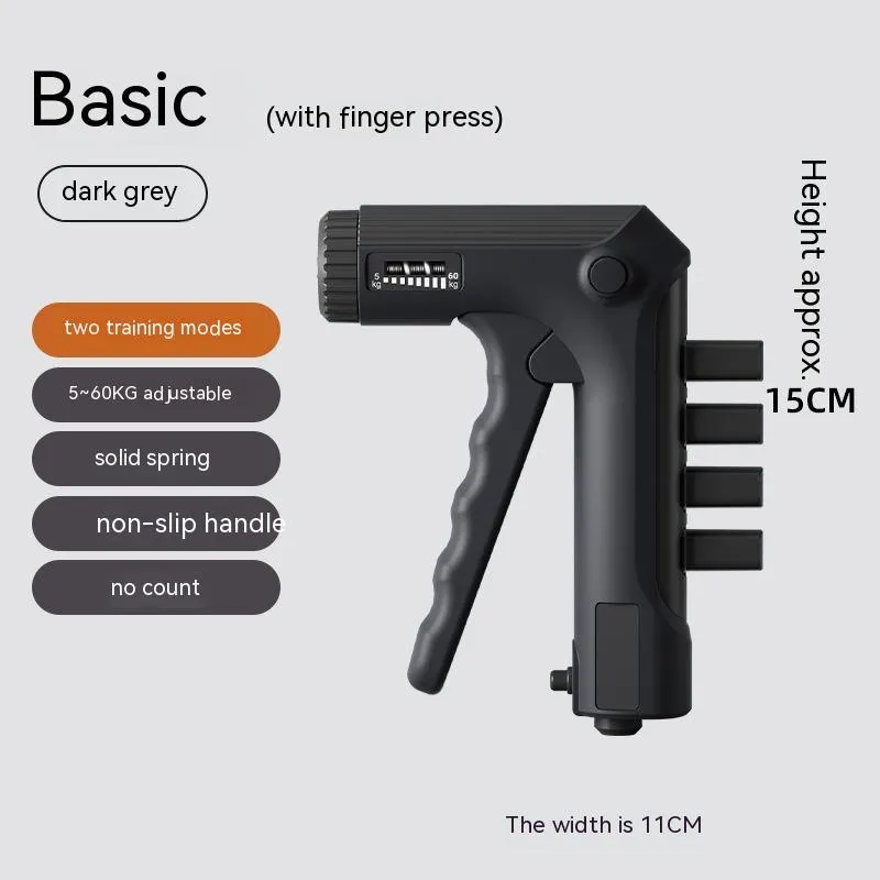 White spring grip hand exerciser with electronic counting model on dark background
