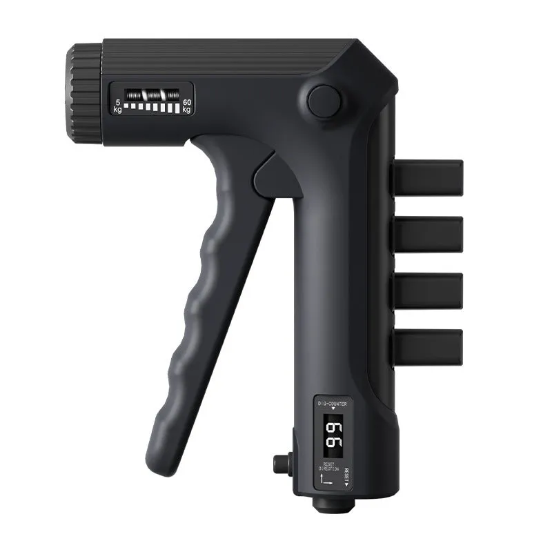 White spring grip hand exerciser with electronic counting model on dark background
