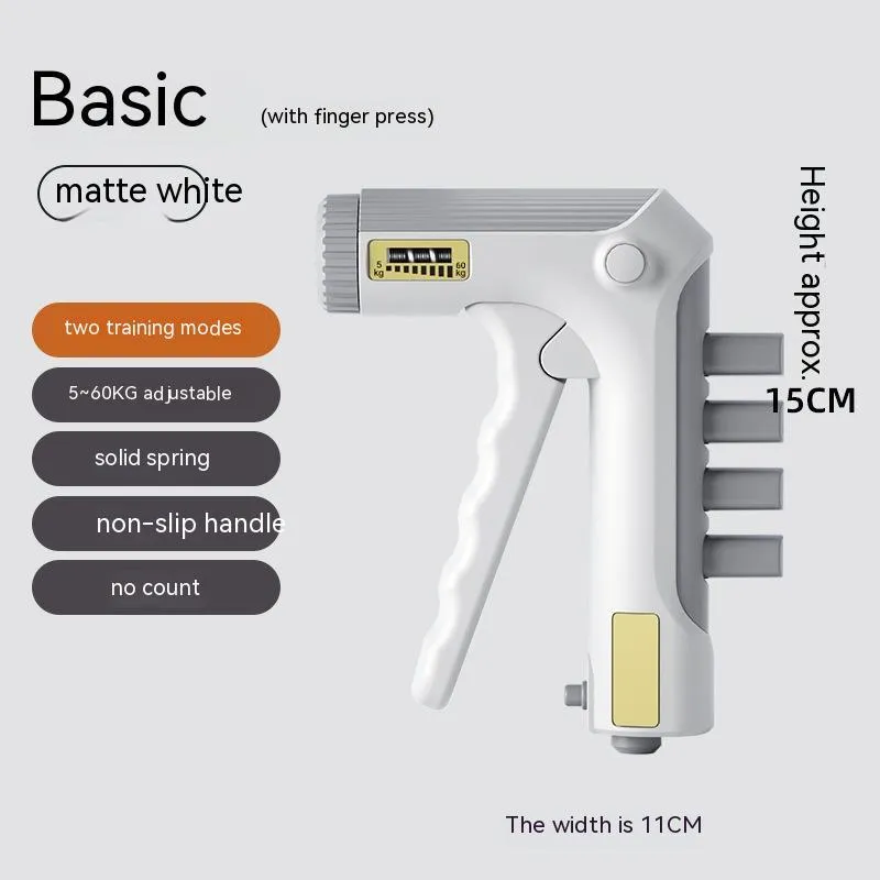 White spring grip hand exerciser with electronic counting model on dark background