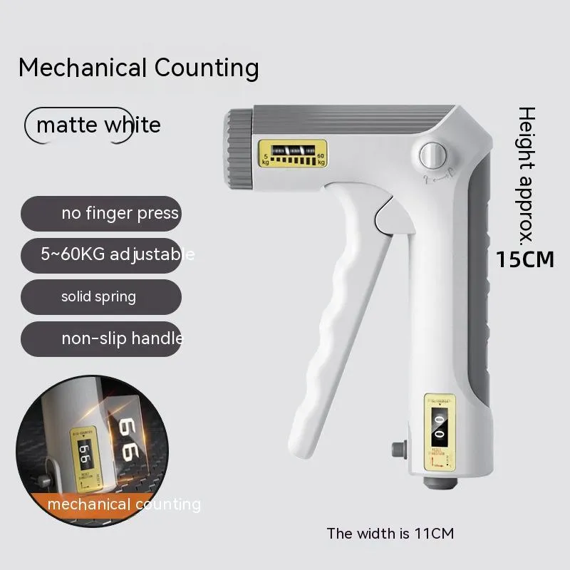 White spring grip hand exerciser with electronic counting model on dark background