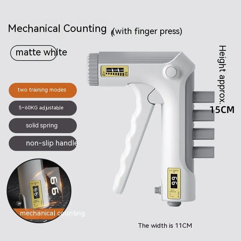 White spring grip hand exerciser with electronic counting model on dark background