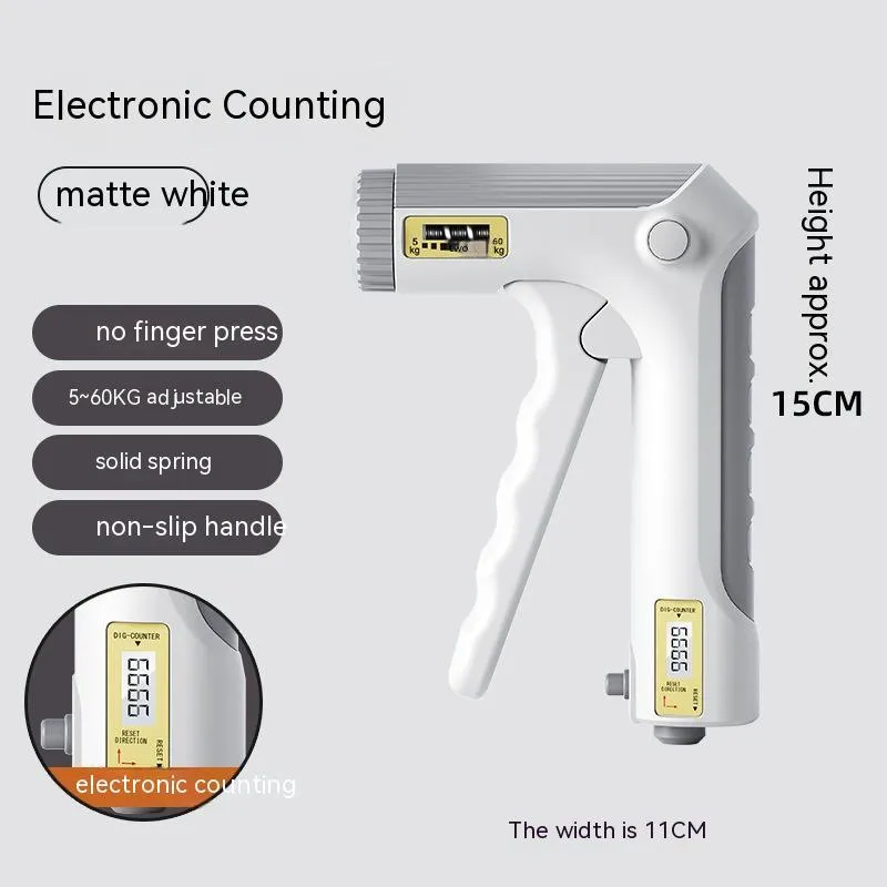 White spring grip hand exerciser with electronic counting model on dark background