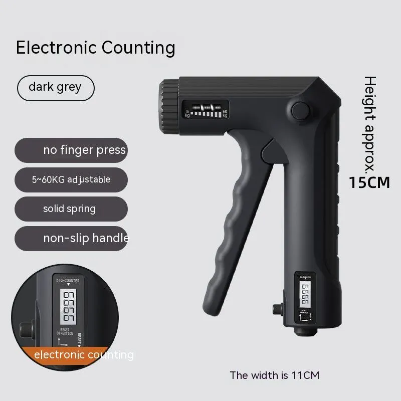 White spring grip hand exerciser with electronic counting model on dark background