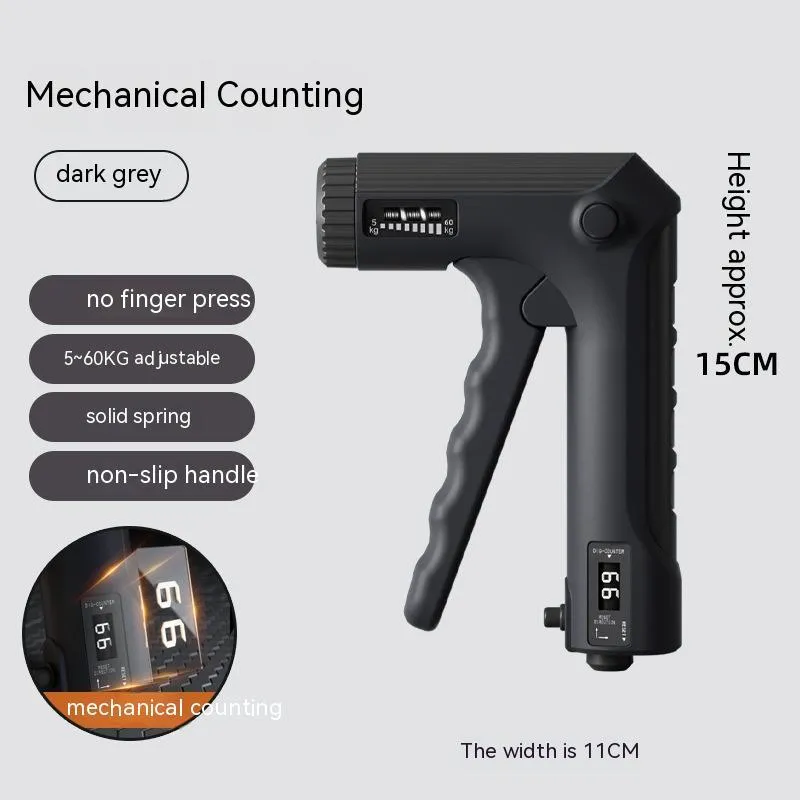 White spring grip hand exerciser with electronic counting model on dark background