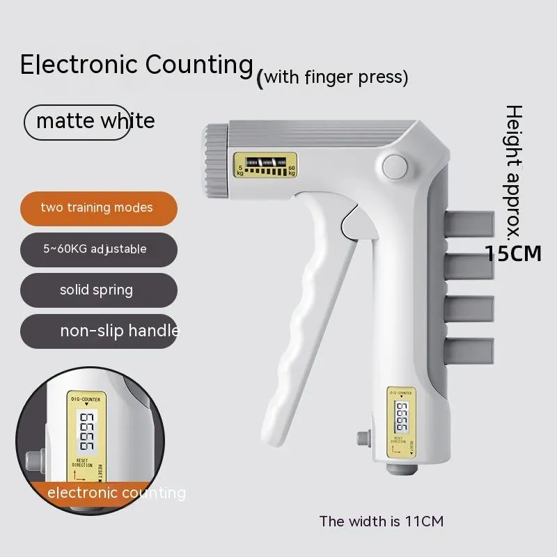 White spring grip hand exerciser with electronic counting model on dark background