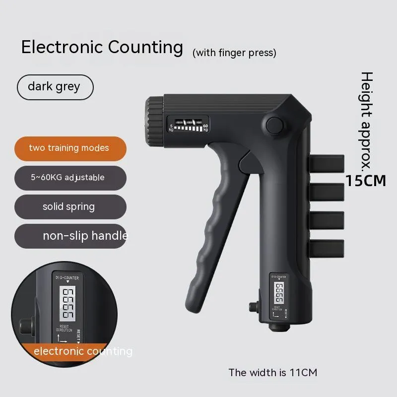 White spring grip hand exerciser with electronic counting model on dark background