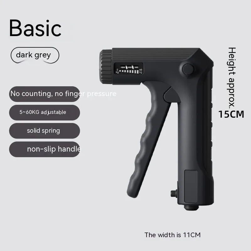 White spring grip hand exerciser with electronic counting model on dark background