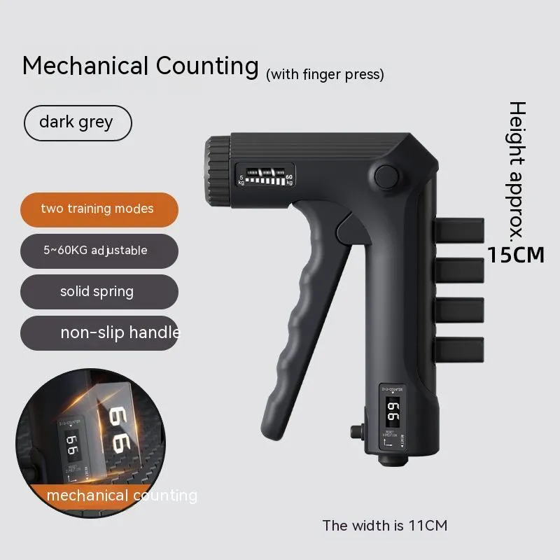 White spring grip hand exerciser with electronic counting model on dark background