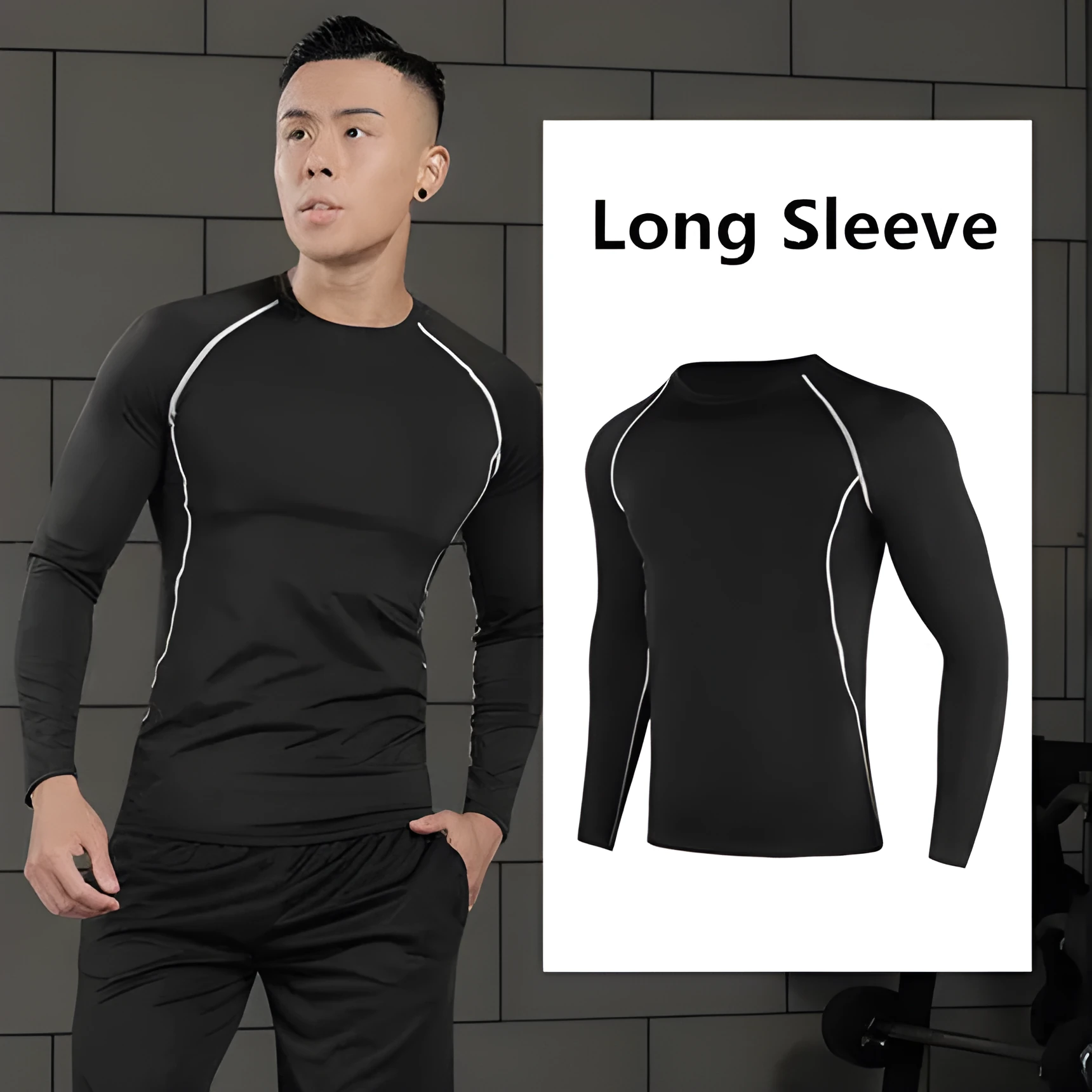 Three-piece Black fitness tights set with Long Sleeve, Short Sleeve tops and Long pants for men women