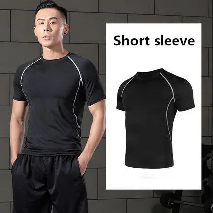 Three-piece Black fitness tights set with Long Sleeve, Short Sleeve tops and Long pants for men women
