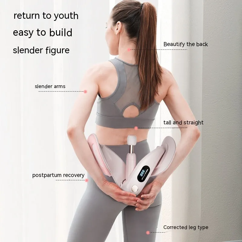Grey coloured pelvic floor muscle trainer with a counter display, held in hand.