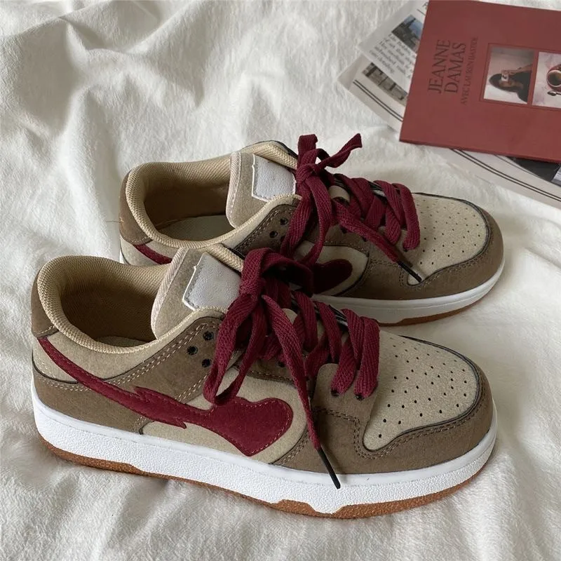Women's brown PU leather casual bread shoes with round toe, low top, and mid heel, front lace-up closure