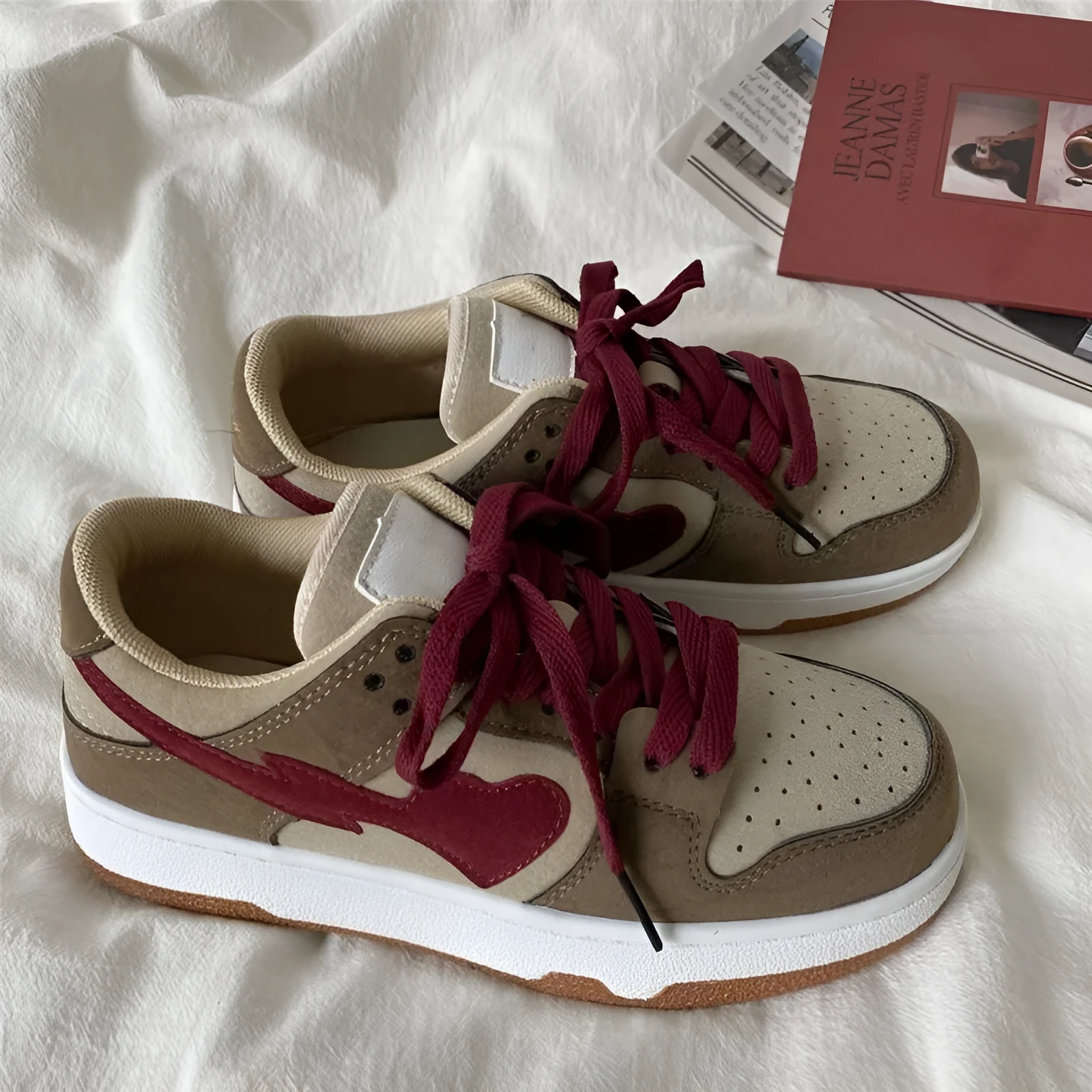 Women's brown PU leather casual bread shoes with round toe, low top, and mid heel, front lace-up closure