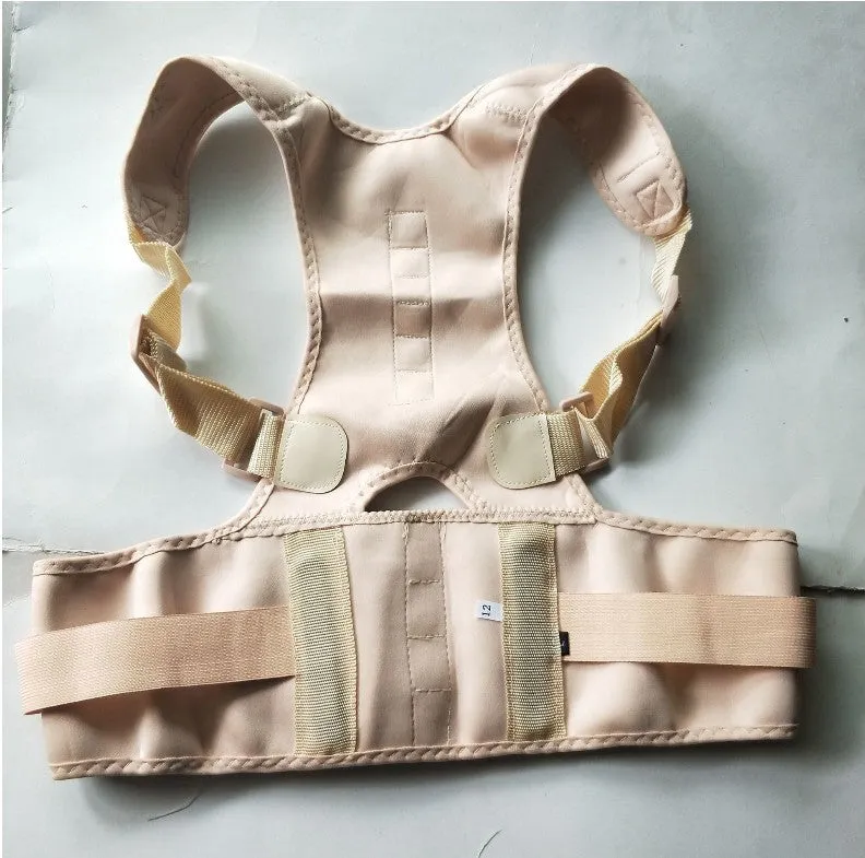 Adjustable magnet posture corrector belt in beige with corset back design on neutral background
