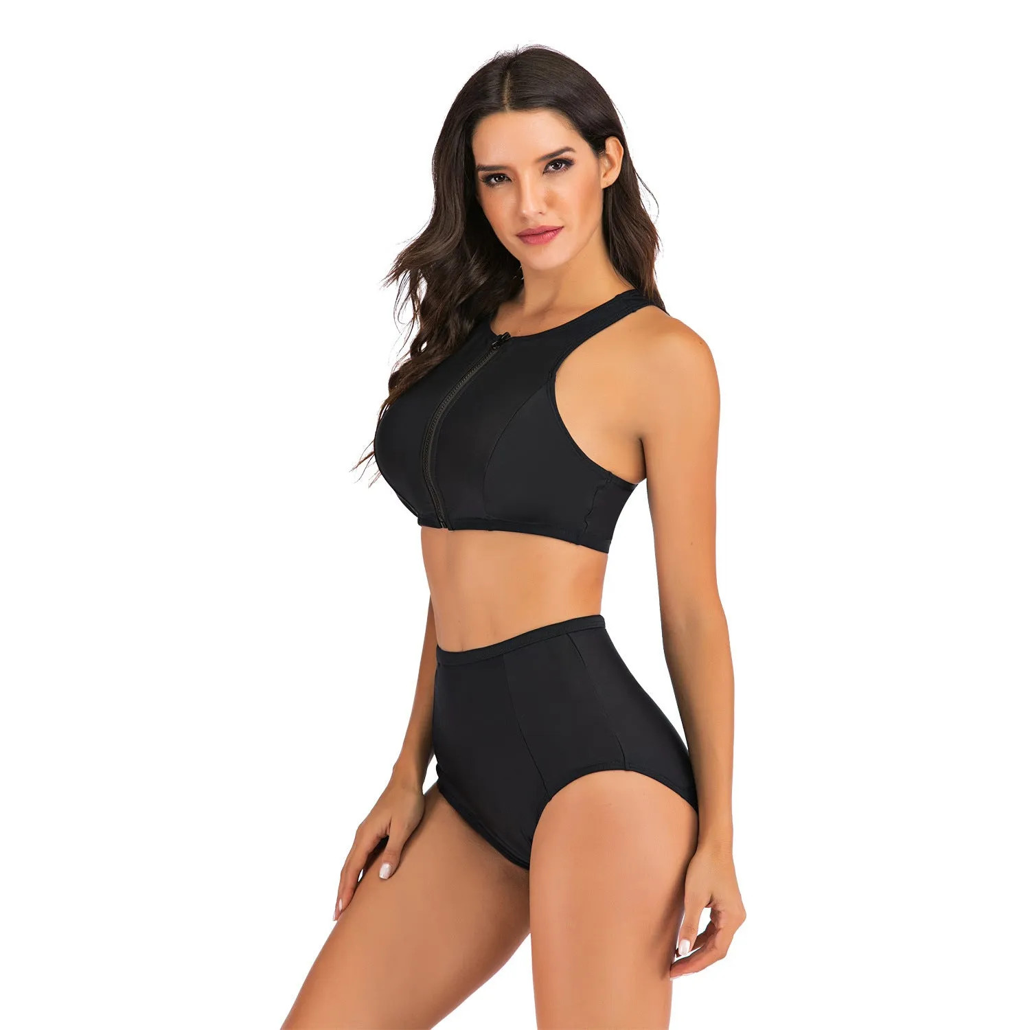 Women's black high-waist split flat bikini suit with quick-dry polyester fabric and removable pads