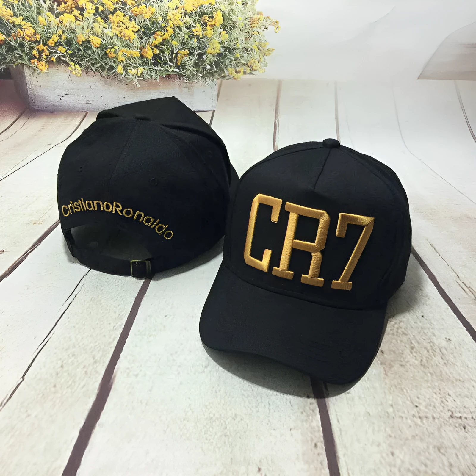 CR7 black cotton baseball cap with big curling brim and high top crown