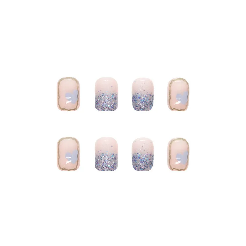 Nude short square fake nails 24pcs in R593 cream colour with glue in box