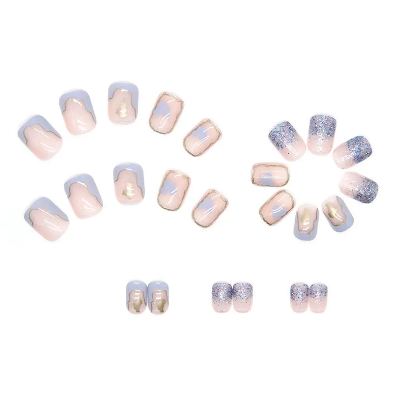Nude short square fake nails 24pcs in R593 cream colour with glue in box