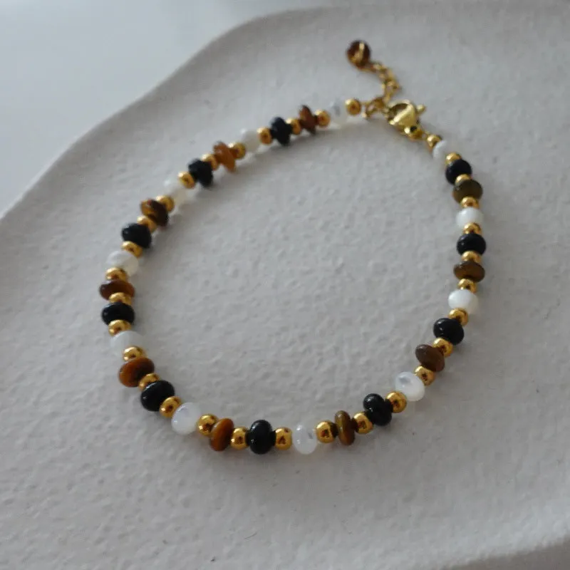 Natural stone and pearl bead necklace with brass thick gold-plated chain and alloy pendant, 40cm perimeter