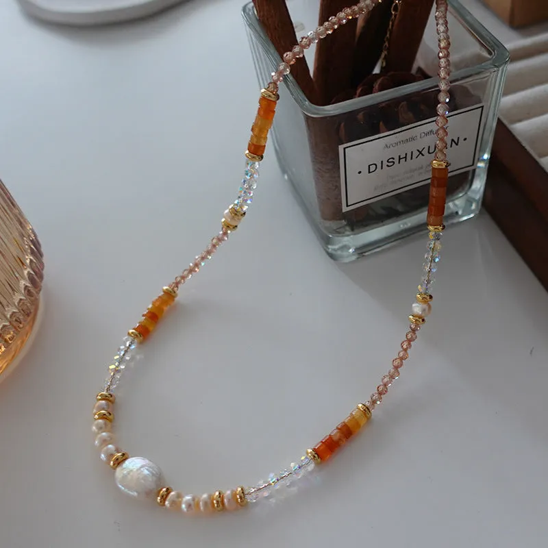 Natural stone and pearl bead necklace with brass thick gold-plated chain and alloy pendant, 40cm perimeter