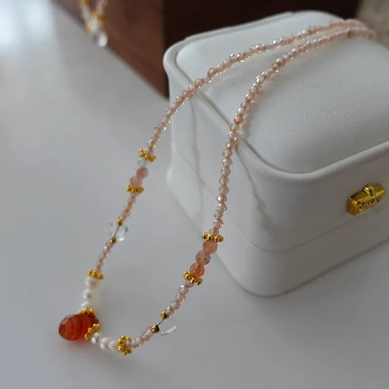 Natural stone and pearl bead necklace with brass thick gold-plated chain and alloy pendant, 40cm perimeter