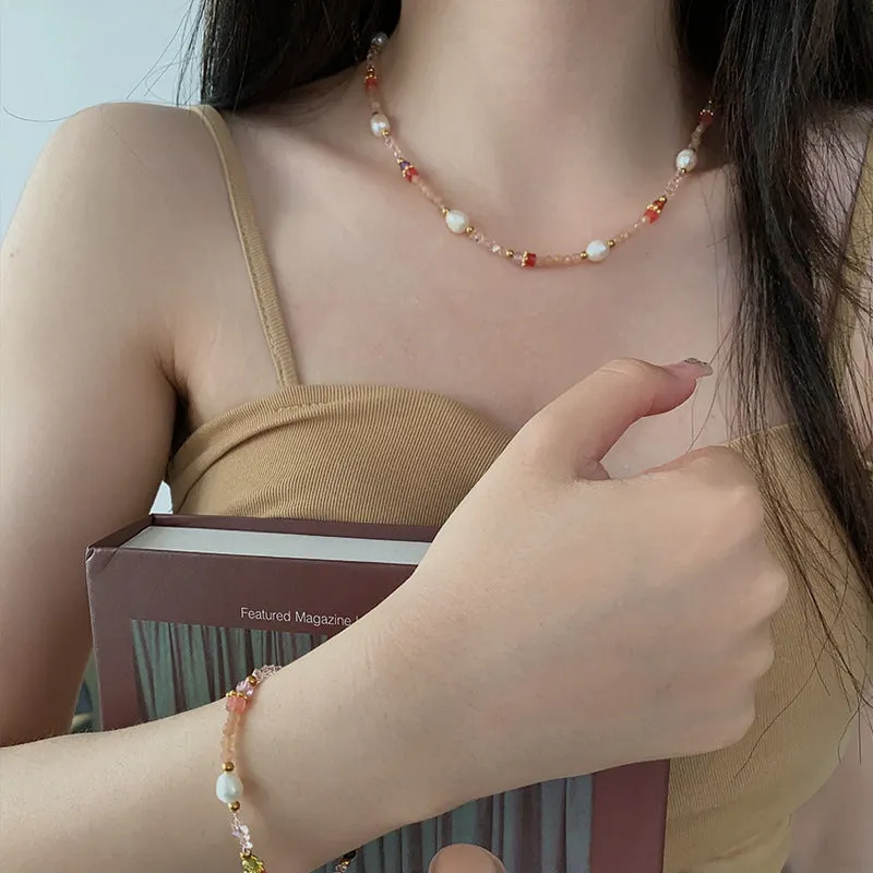 Natural stone and pearl bead necklace with brass thick gold-plated chain and alloy pendant, 40cm perimeter
