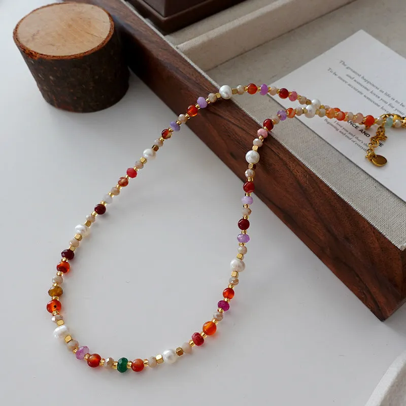 Natural stone and pearl bead necklace with brass thick gold-plated chain and alloy pendant, 40cm perimeter