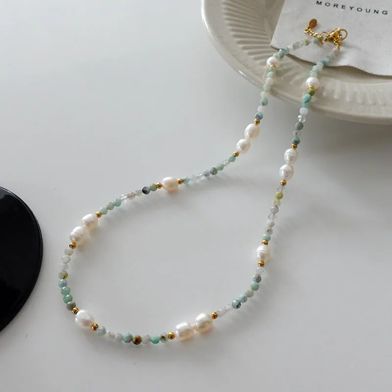 Natural stone and pearl bead necklace with brass thick gold-plated chain and alloy pendant, 40cm perimeter