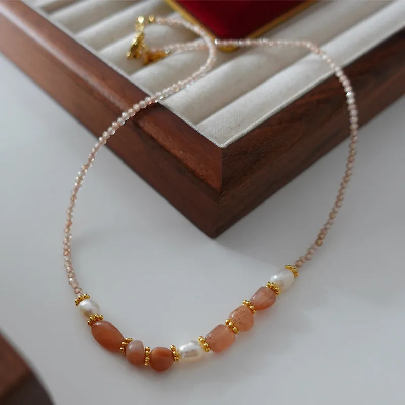 Natural stone and pearl bead necklace with brass thick gold-plated chain and alloy pendant, 40cm perimeter