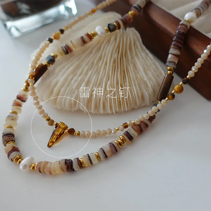 Natural stone and pearl bead necklace with brass thick gold-plated chain and alloy pendant, 40cm perimeter