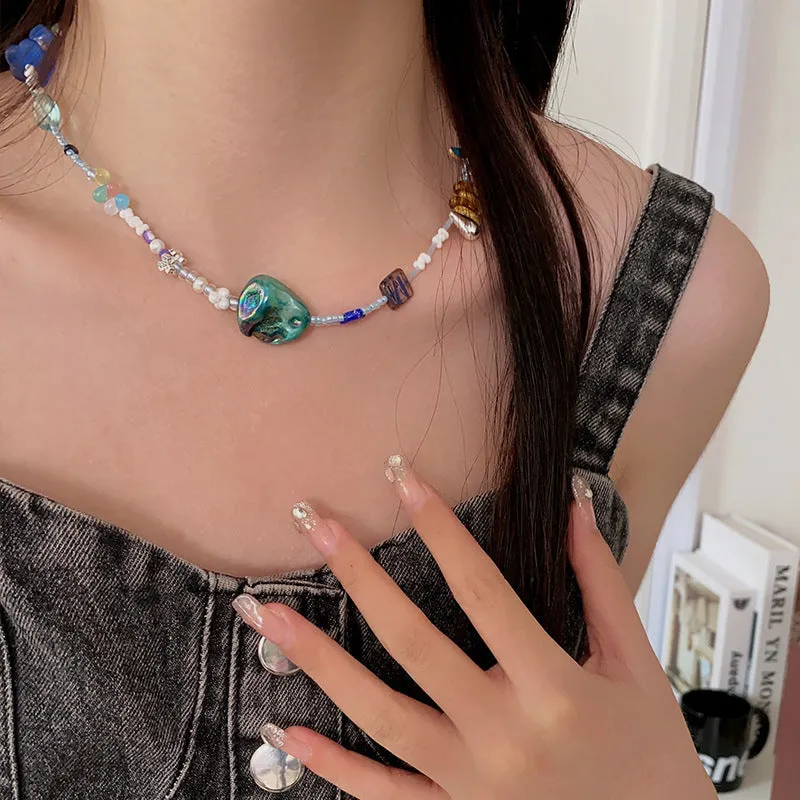 Natural stone and pearl bead necklace with brass thick gold-plated chain and alloy pendant, 40cm perimeter