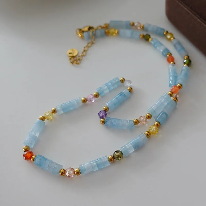 Natural stone and pearl bead necklace with brass thick gold-plated chain and alloy pendant, 40cm perimeter