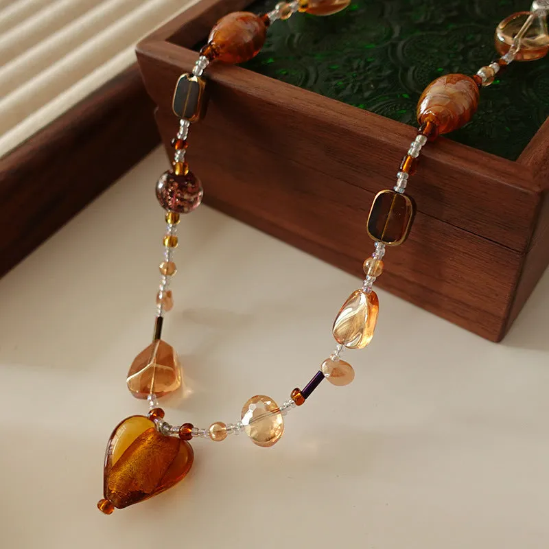 Natural stone and pearl bead necklace with brass thick gold-plated chain and alloy pendant, 40cm perimeter