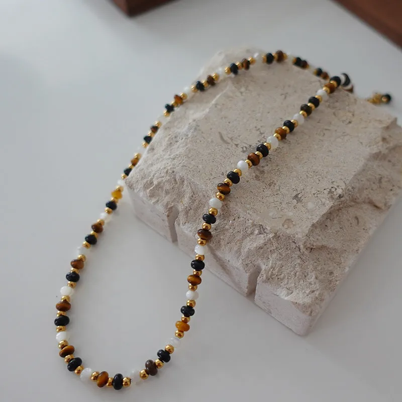 Natural stone and pearl bead necklace with brass thick gold-plated chain and alloy pendant, 40cm perimeter