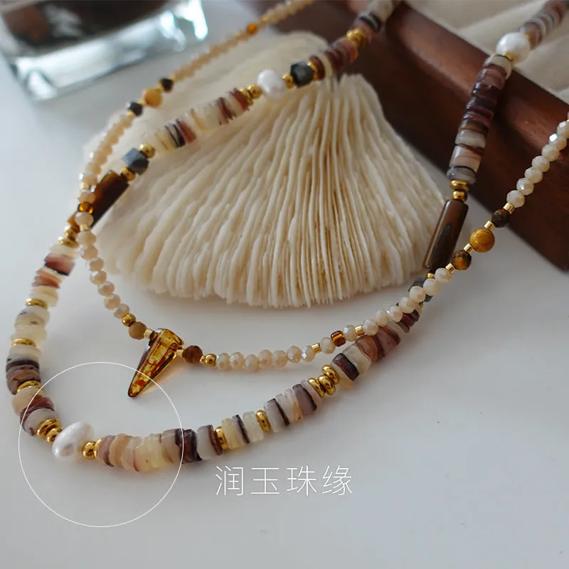 Natural stone and pearl bead necklace with brass thick gold-plated chain and alloy pendant, 40cm perimeter